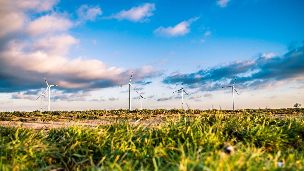A field with six energy turbines
